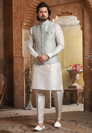 Embroidered Art Silk Kurta Jacket Set in Off White and Grey