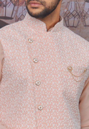 Embroidered Art Silk Kurta Jacket Set in Peach