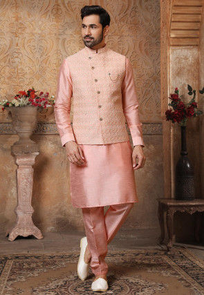 Embroidered Art Silk Kurta Jacket Set in Peach