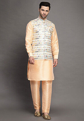 Embroidered Art Silk Kurta Jacket Set in Peach