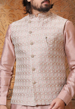 Embroidered Art Silk Kurta Jacket Set in Pink