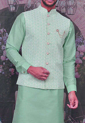 Embroidered Art Silk Kurta Jacket Set in Sea Green
