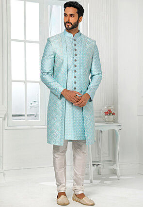 Embroidered Art Silk Kurta Jacket Set in Sky Blue