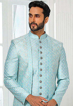 Embroidered Art Silk Kurta Jacket Set in Sky Blue