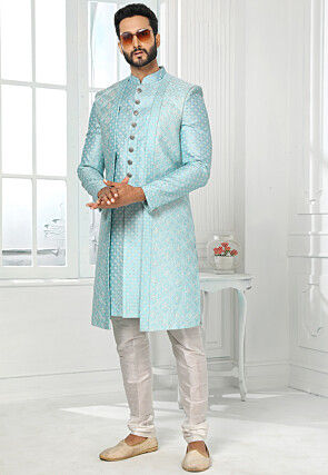 Embroidered Art Silk Kurta Jacket Set in Sky Blue