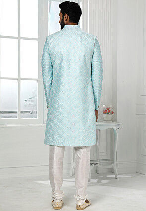 Embroidered Art Silk Kurta Jacket Set in Sky Blue