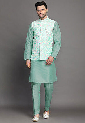 Embroidered Art Silk Kurta Jacket Set in Sky Blue