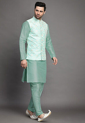 Embroidered Art Silk Kurta Jacket Set in Sky Blue