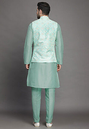 Embroidered Art Silk Kurta Jacket Set in Sky Blue