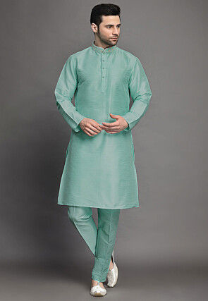 Embroidered Art Silk Kurta Jacket Set in Sky Blue