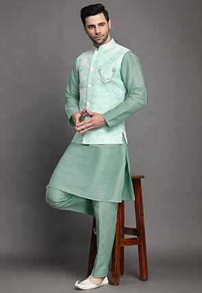 Embroidered Art Silk Kurta Jacket Set in Sky Blue