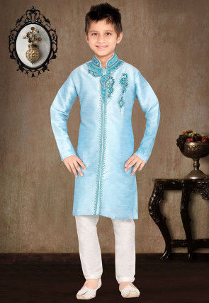 Embroidered Art Silk Kurta Pyjama Set in Sky Blue
