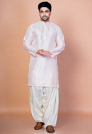 Embroidered Art Silk Kurta Set in Baby Pink