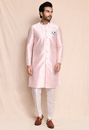 Embroidered Art Silk Kurta Set in Baby Pink