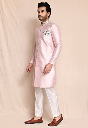 Embroidered Art Silk Kurta Set in Baby Pink