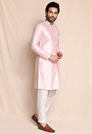 Embroidered Art Silk Kurta Set in Baby Pink