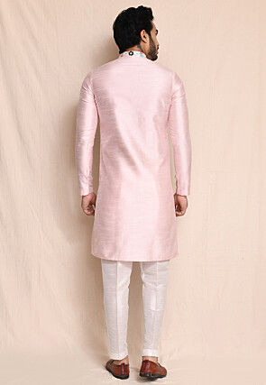 Embroidered Art Silk Kurta Set in Baby Pink