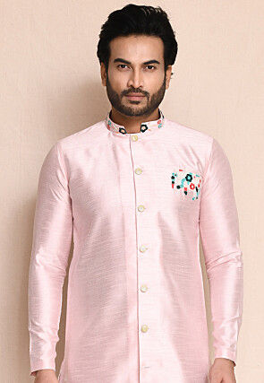 Embroidered Art Silk Kurta Set in Baby Pink