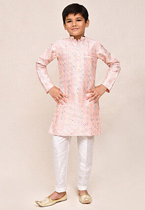 Embroidered Art Silk Kurta Set in Baby Pink