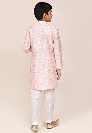 Embroidered Art Silk Kurta Set in Baby Pink