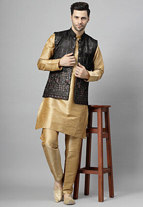Embroidered Art Silk Kurta Set in Golden and Black
