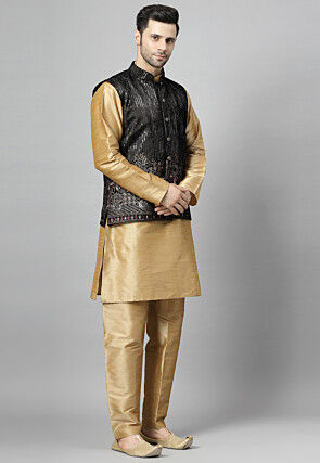 Embroidered Art Silk Kurta Set in Golden and Black