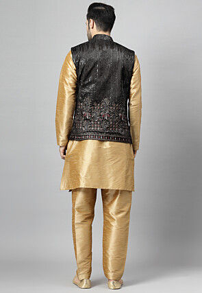 Embroidered Art Silk Kurta Set in Golden and Black
