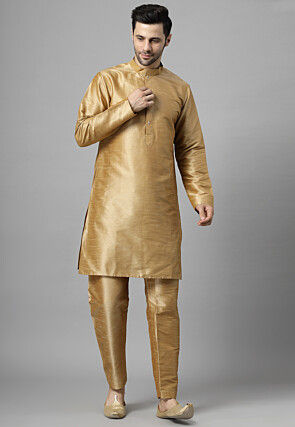 Embroidered Art Silk Kurta Set in Golden and Black