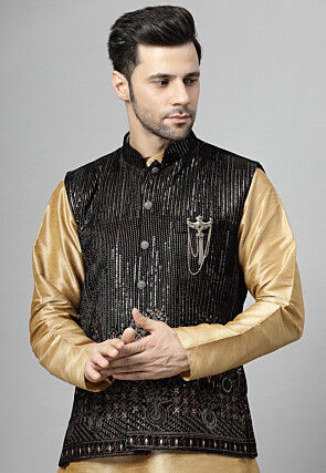 Embroidered Art Silk Kurta Set in Golden and Black