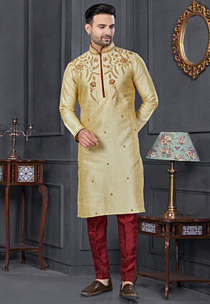 Embroidered Art Silk Kurta Set in Beige