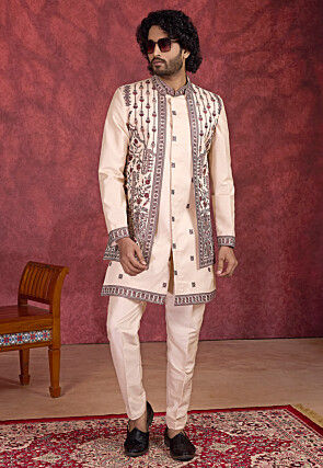 Embroidered Art Silk Kurta Set in Beige