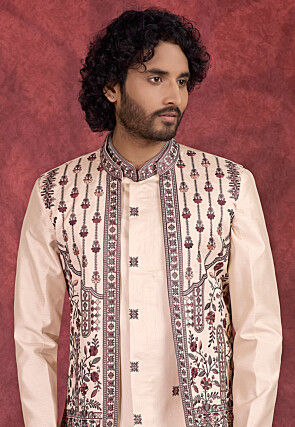 Embroidered Art Silk Kurta Set in Beige