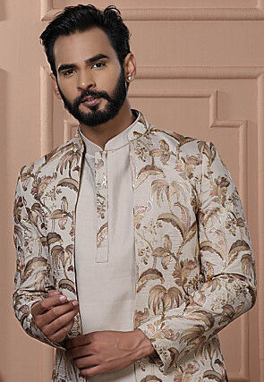 Embroidered Art Silk Kurta Set in Beige