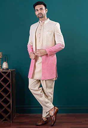 Embroidered Art Silk Kurta Set in Beige