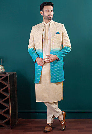 Embroidered Art Silk Kurta Set in Beige