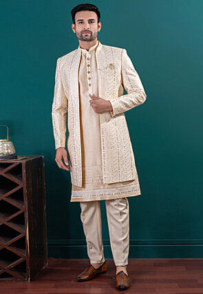 Embroidered Art Silk Kurta Set in Beige
