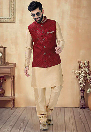 Embroidered Art Silk Kurta Set in Beige