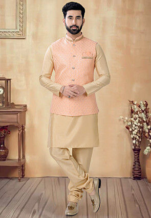 Embroidered Art Silk Kurta Set in Beige and Peach