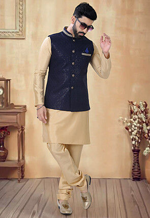 Embroidered Art Silk Kurta Set in Beige