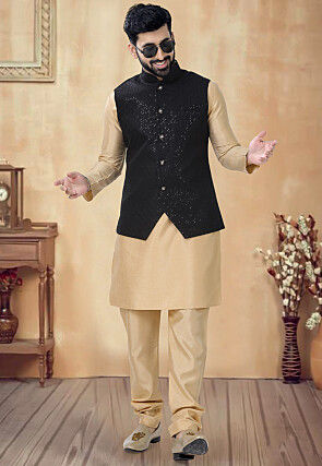 Embroidered Art Silk Kurta Set in Beige