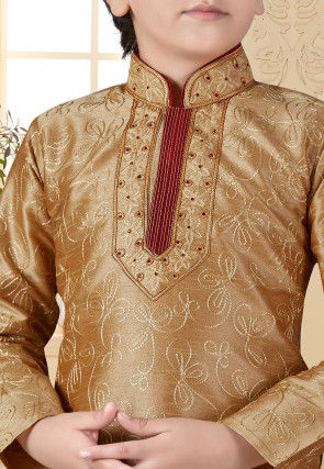 Embroidered Art Silk Kurta Set in Beige