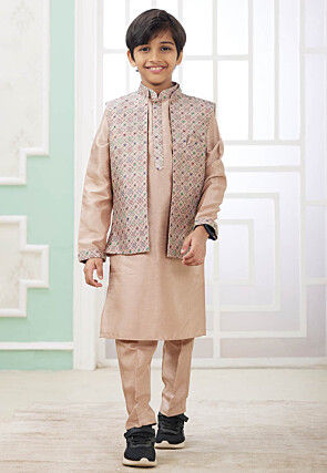 Embroidered Art Silk Kurta Set in Beige