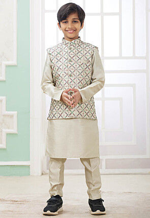 Embroidered Art Silk Kurta Set in Beige