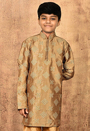 Embroidered Art Silk Kurta Set in Beige