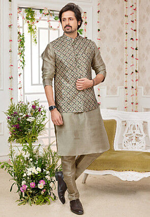 Embroidered Art Silk Kurta Set in Beige