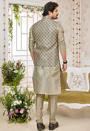Embroidered Art Silk Kurta Set in Beige