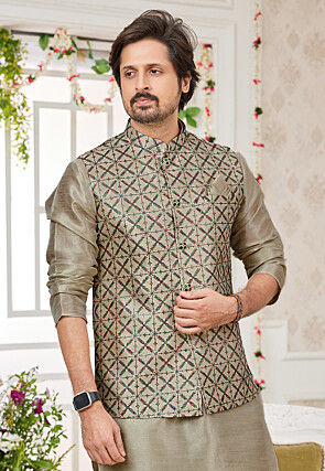 Embroidered Art Silk Kurta Set in Beige