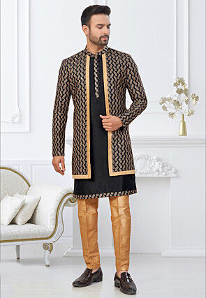 Embroidered Art Silk Layered Kurta Set in Black and Beige