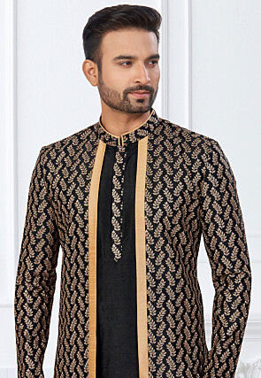 Embroidered Art Silk Layered Kurta Set in Black and Beige