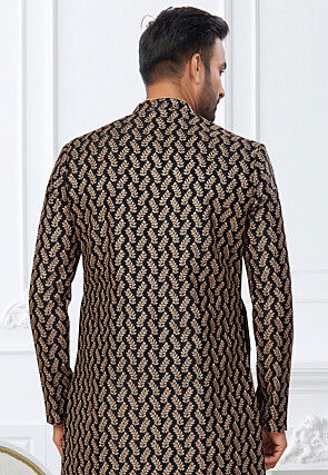 Embroidered Art Silk Layered Kurta Set in Black and Beige